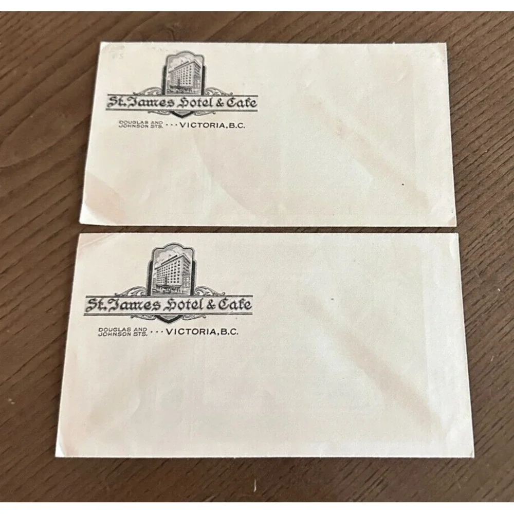 Pair of 2 Vintage HTF St. James Hotel Victoria B.C. Canada Envelopes Travel